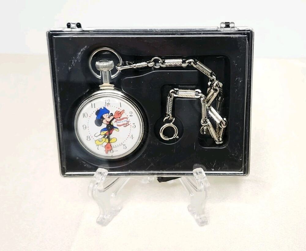 Vintage 1976 Bradley Disney Mickey Mouse Bicentennial Pocket Watch In Case Works